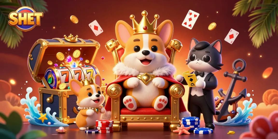 Engage with SH BET's thrilling casino theme, featuring a royal corgi and vibrant game elements.