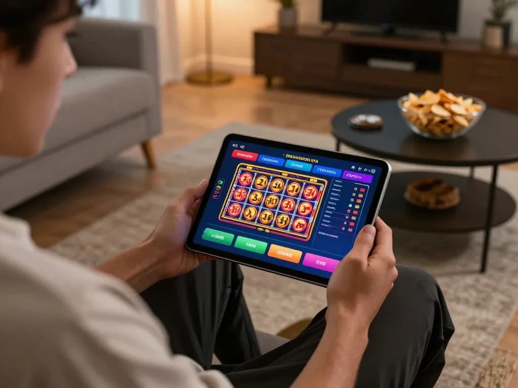 Gambling excitement at home using https://x88.design/ app on tablet for online gaming as player engages with colorful casino interface.