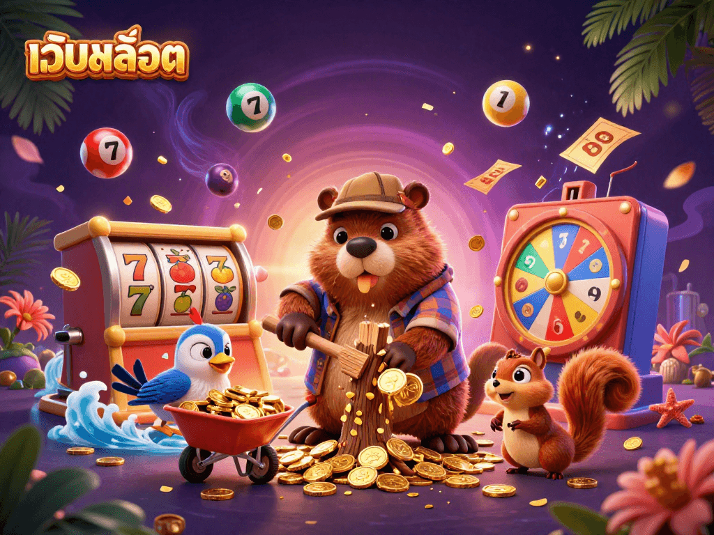 Win big with เว็บสล็อต as a playful beaver collects golden coins in a vibrant casino illustration.