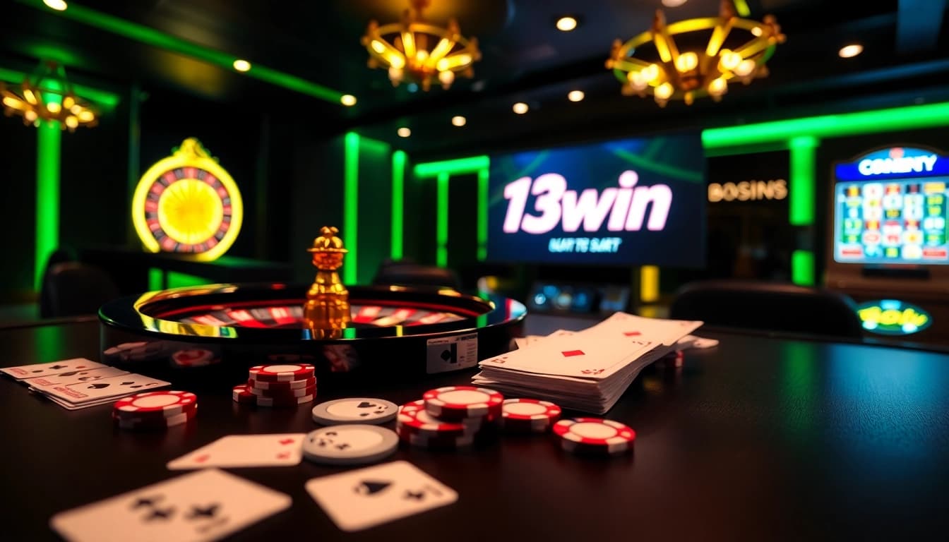 Experience the excitement at 13win's online casino with vibrant roulette and poker elements.
