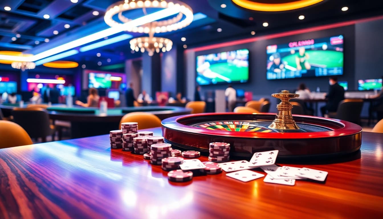 A dynamic online gaming scene representing 78winel.com with poker chips and roulette.