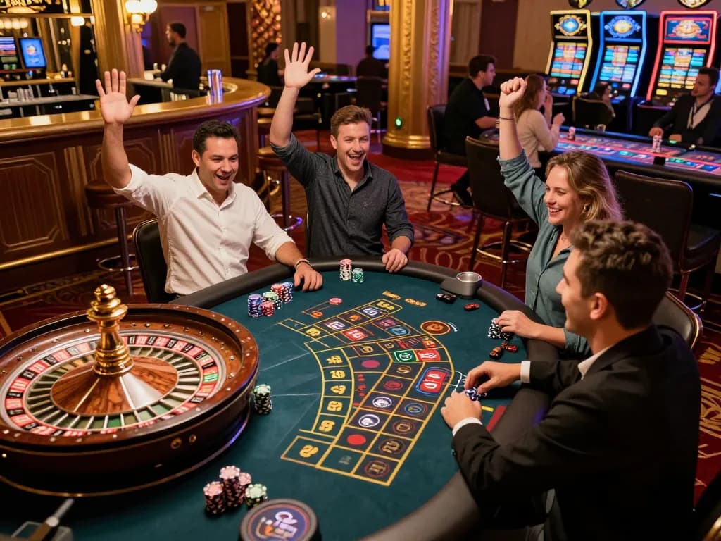 Players cheering at a busy casino table as the roulette wheel spins, showcasing the thrill of w4u gaming.