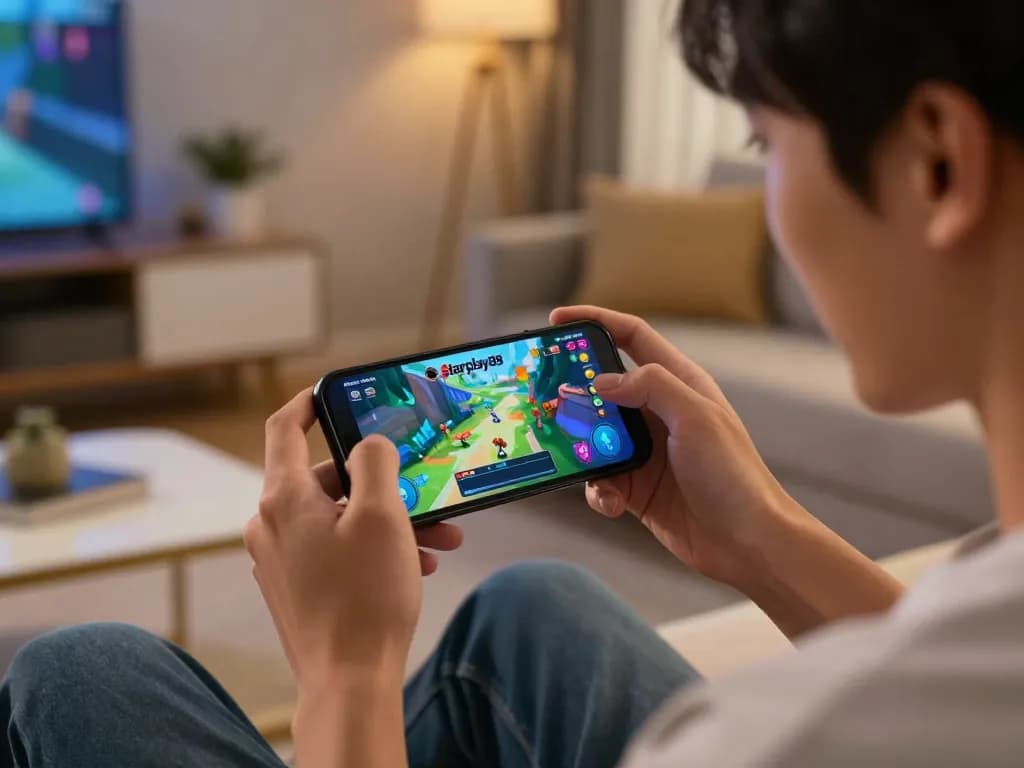 Pemain yang terlibat menggunakan aplikasi Starplay88 di smartphone, menunjukkan pengalaman perjudian seluler