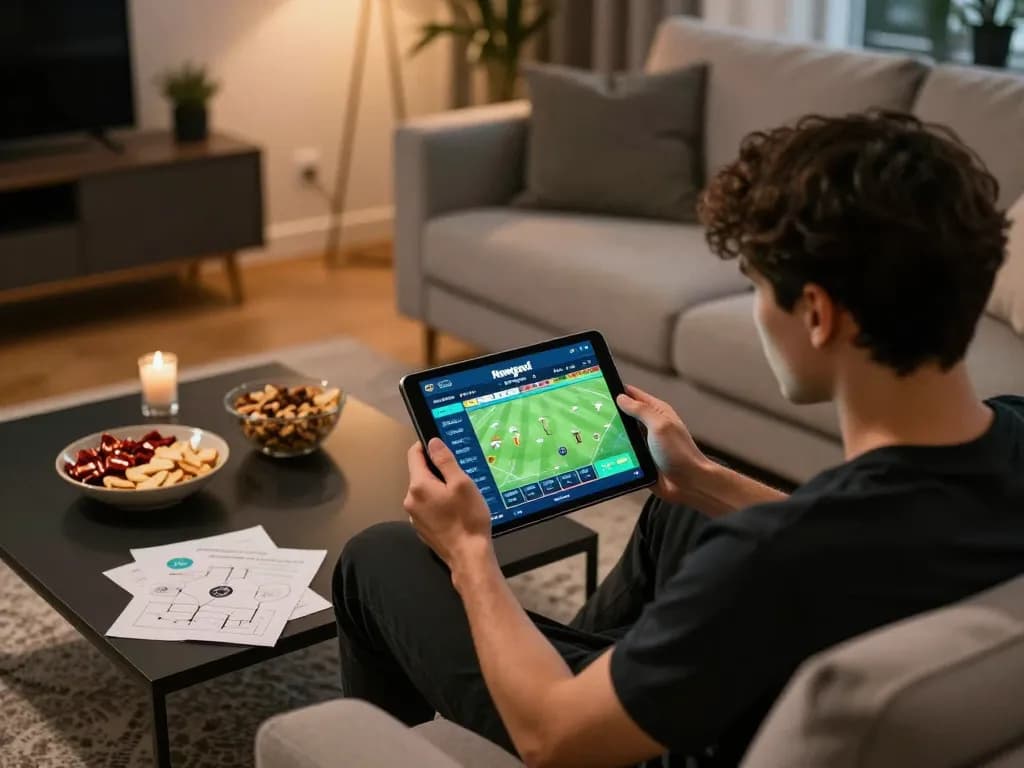 Person engaging with Nowgoal sports betting app on a tablet in a cozy home setting, emphasizing responsible gaming.