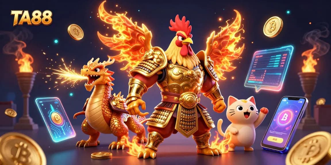 Experience the thrill with TA88 as a fierce warrior and dragon animate a vibrant casino scene.
