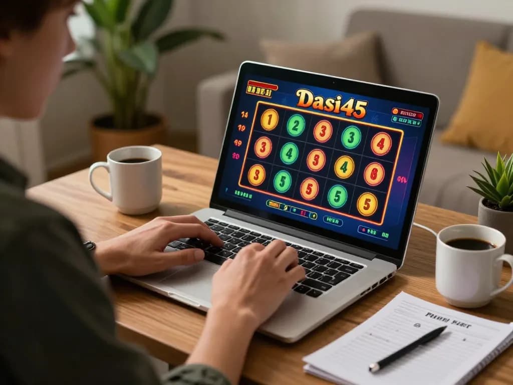 Pemain menikmati permainan slot dasi4d di laptop dalam pengaturan game rumah yang nyaman dengan catatan strategi.