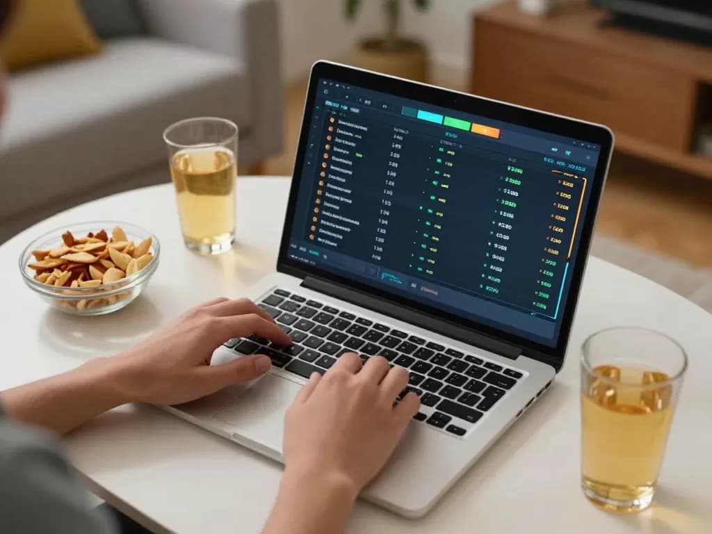 Soi kèo nhà cái with an excited player analyzing online betting strategies on their laptop.
