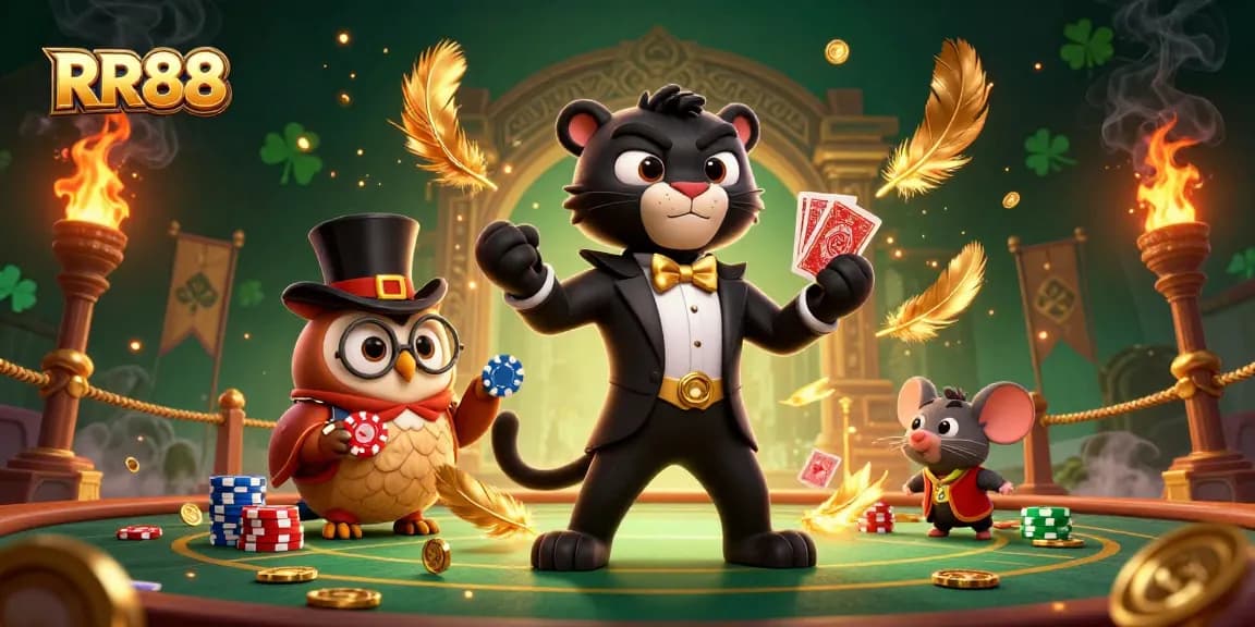 RR88 features a stylish panther dealing cards amid a vibrant casino scene filled with gold coins and fire.