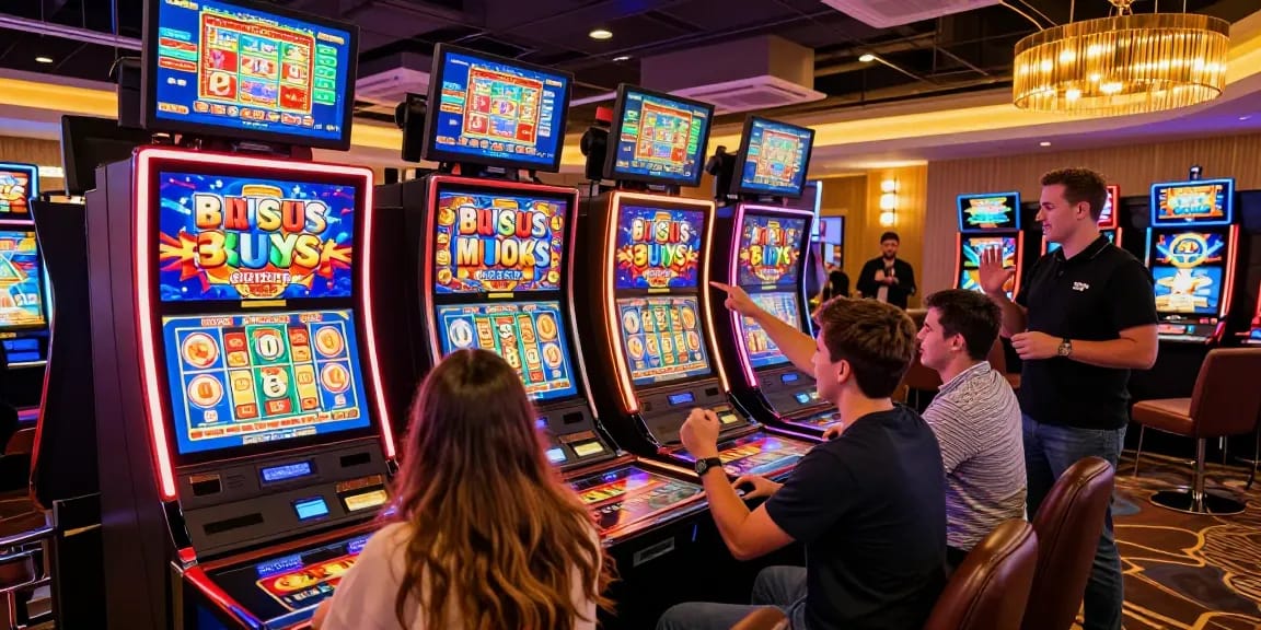 Casino gaming scene showcasing players enjoying Bonus Buy slots at chagency.co.uk, vibrant atmosphere with colorful machines.