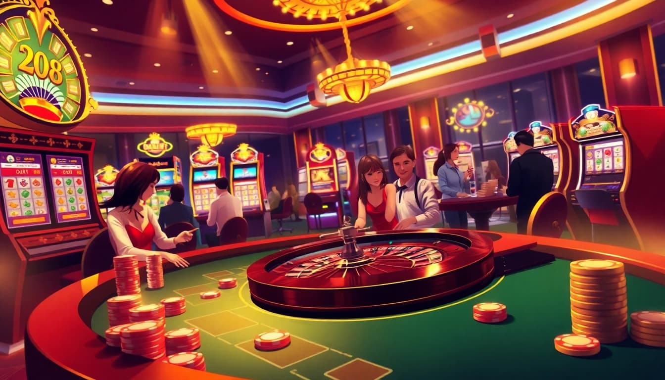 Vibrant casino scene with rr88 branding, showcasing poker chips and a roulette table.