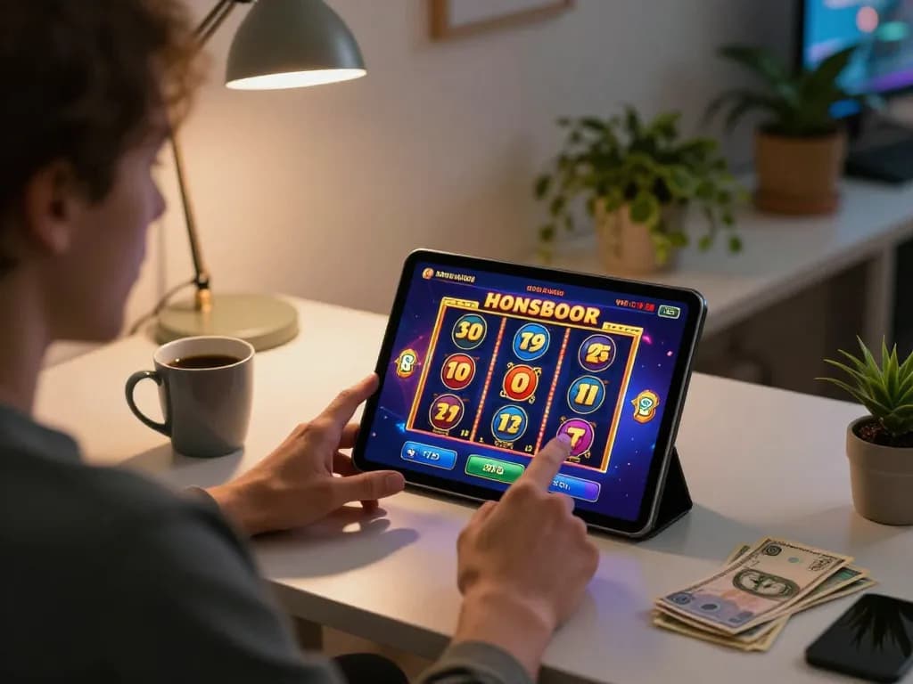 Engaging with online slot bonus offers on tablet screen in a cozy gaming setup
