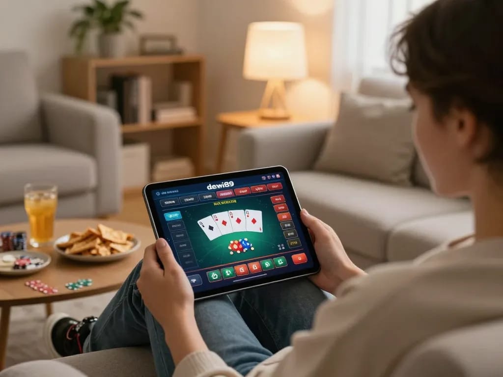 Pemain Dewi89 menikmati permainan kasino online di tablet dalam lingkungan rumah yang nyaman.