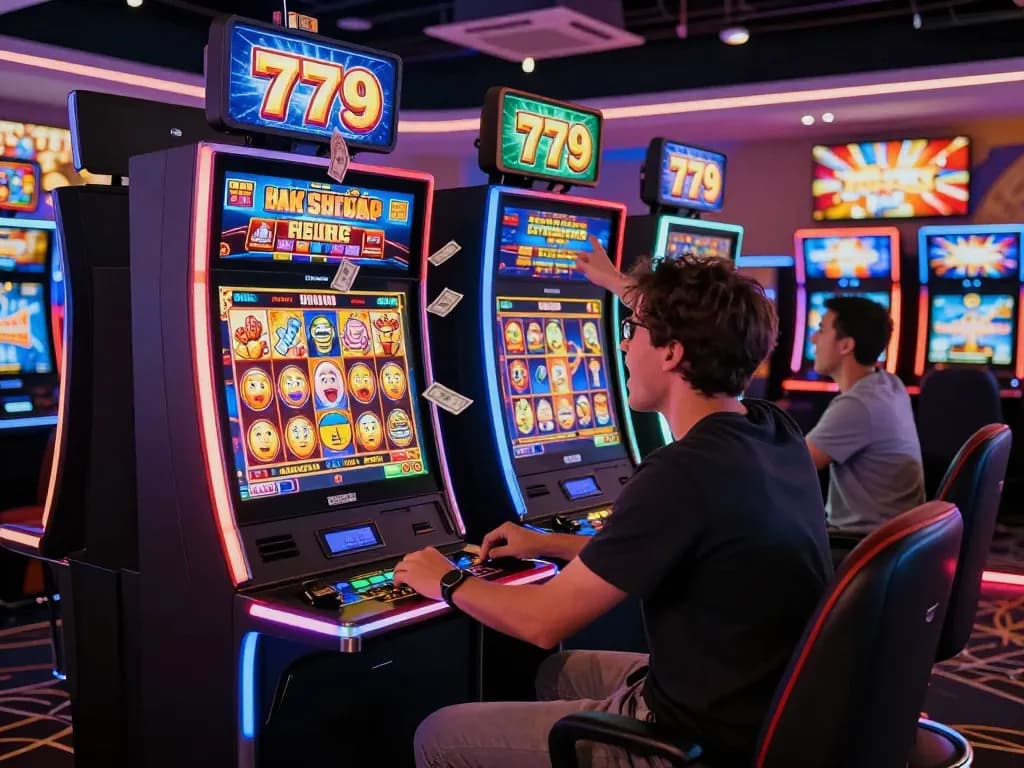 Pemain merayakan kemenangan di permainan slot779 di kasino yang ramai, suasana permainan yang cerah.