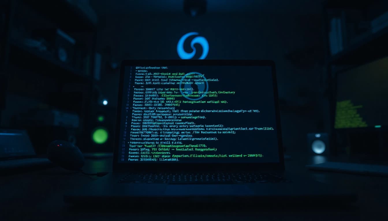 The official hidden wiki display on a laptop screen in a dimly lit tech room