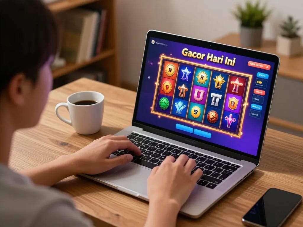 Engaging gameplay of slot gacor hari ini on a laptop, showcasing exciting reels and a cozy home setup