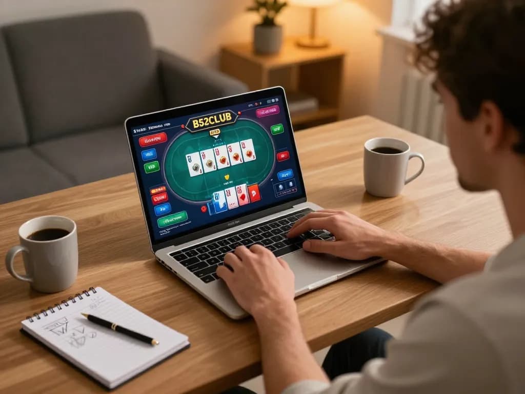 B52CLUB poker player focused on strategy in an engaging online gaming environment