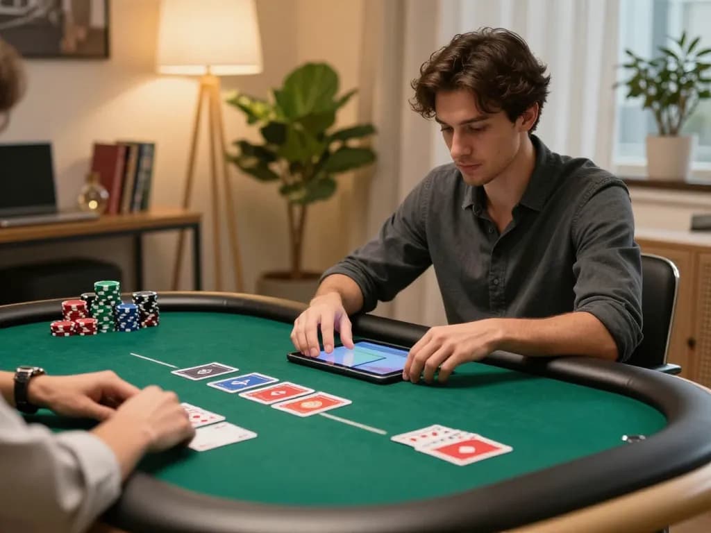 Engaging in online poker strategy using a tablet with tr88 gameplay in a cozy home office.