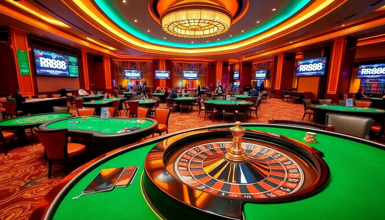 Players enjoying intense gaming sessions at RR88 casino with vibrant tables and roulette.