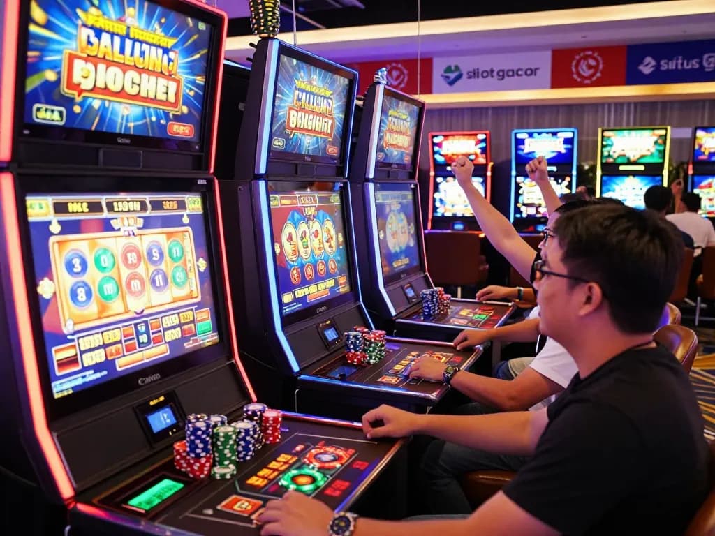 Pemain menikmati permainan situs slot gacor di lingkungan kasino online yang penuh warna dengan grafik yang menarik.