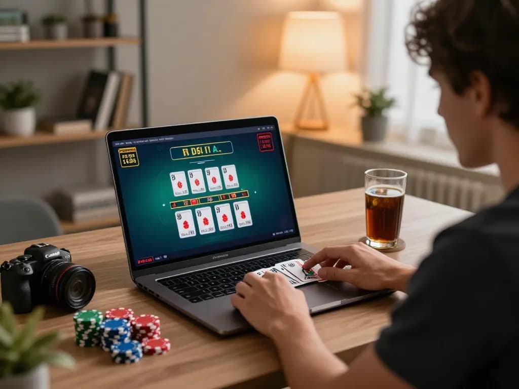 Enjoying goal 123 action in a cozy online casino setup, with blackjack on screen and a relaxed atmosphere.