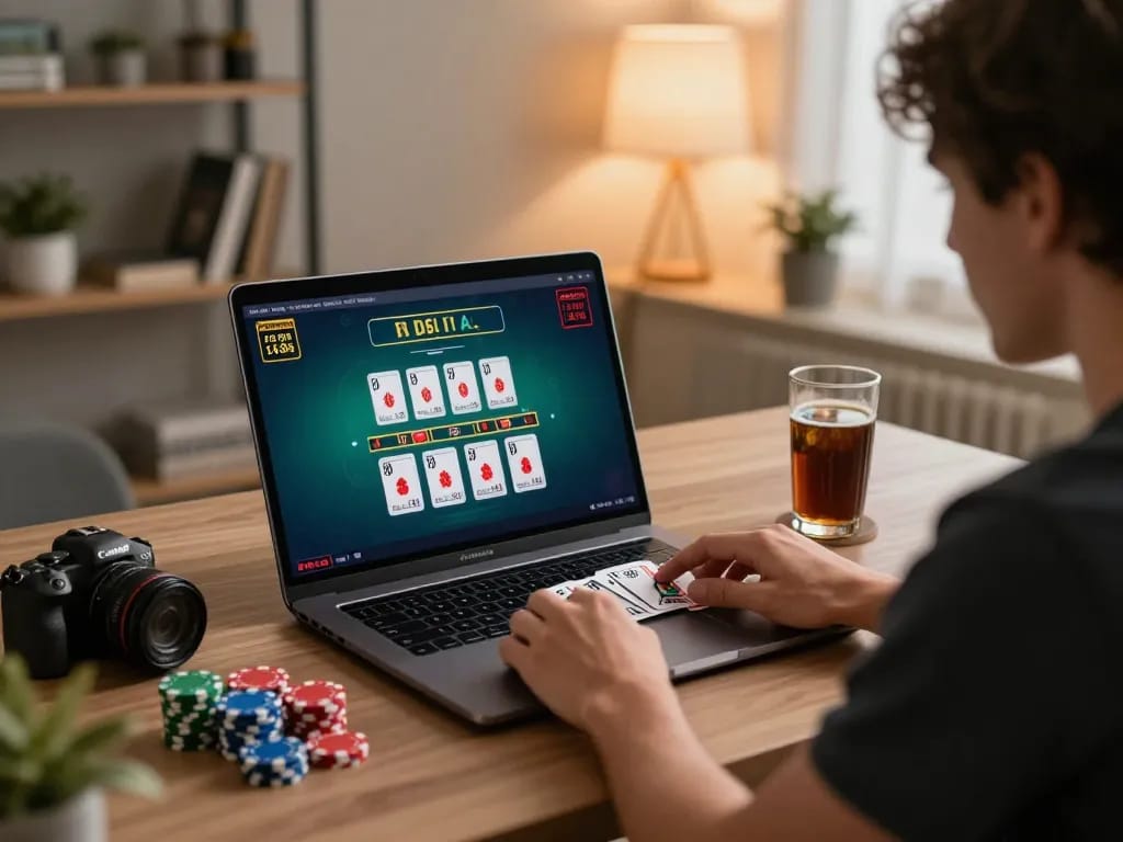 Enjoying goal 123 action in a cozy online casino setup, with blackjack on screen and a relaxed atmosphere.