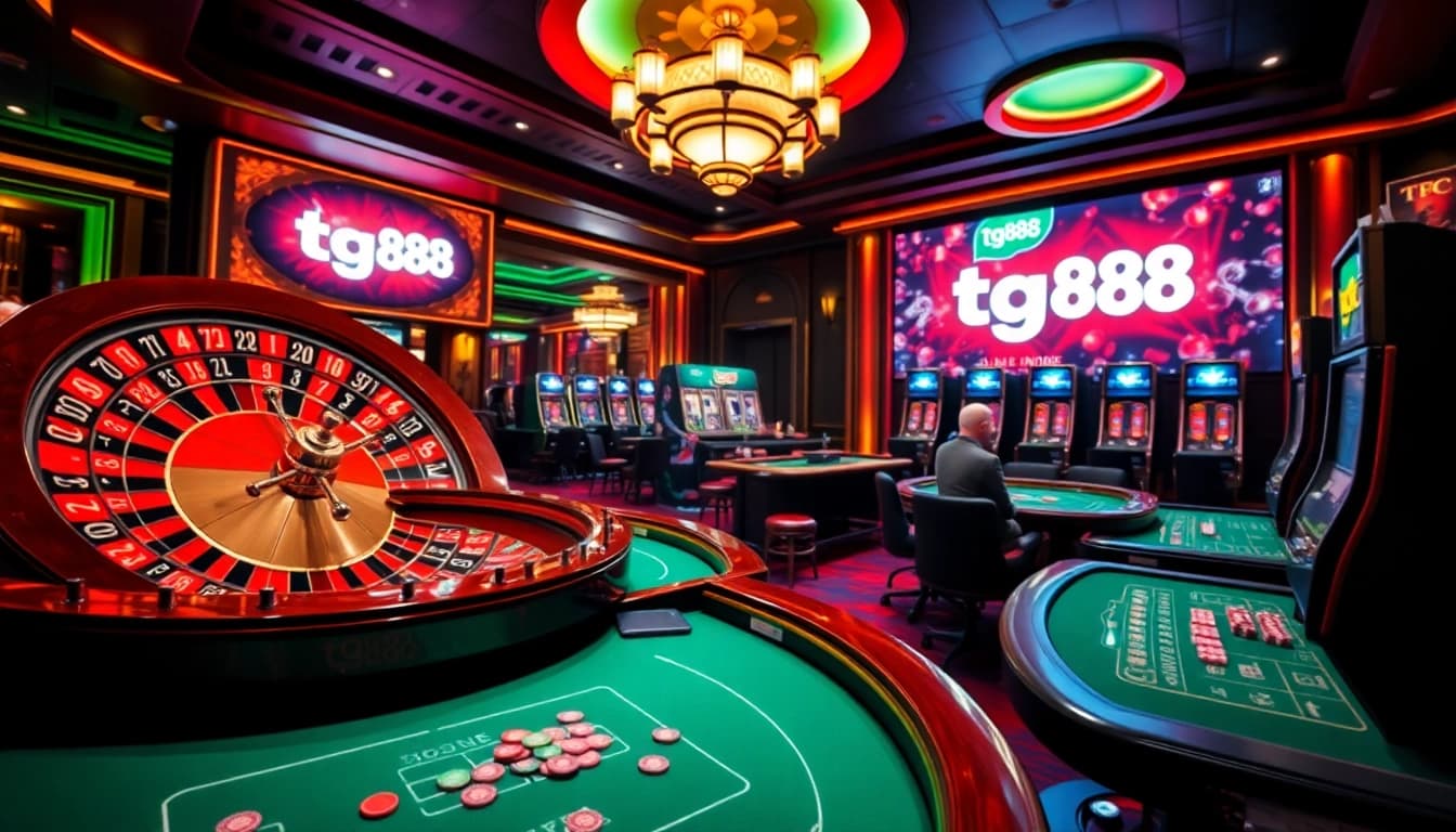 Experience the vibrant energy of tg88 casino with roulette and poker tables, highlighting thrilling gameplay.