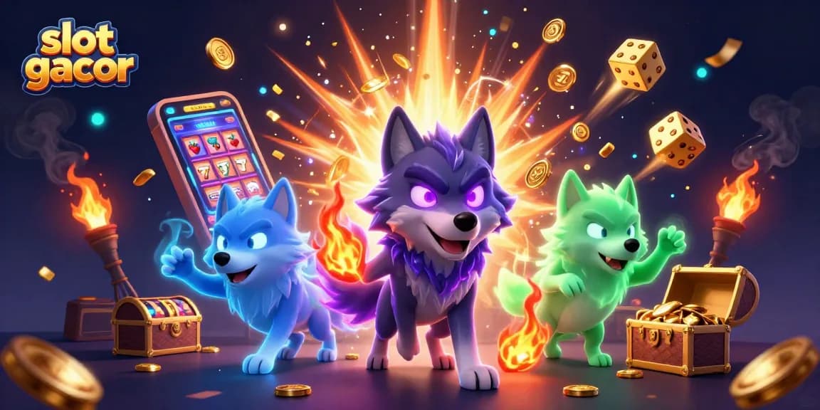 Permainan slot gacor menghadirkan jackpot menarik dengan karakter serigala dan mesin slot.