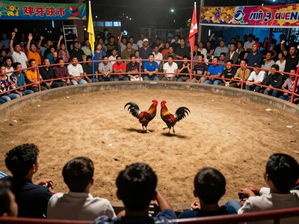 Bắt lấy hành động hồi hộp của Cá đó đá gà thomo trong một đấu trường gà trực tiếp với khán giả cổ vũ