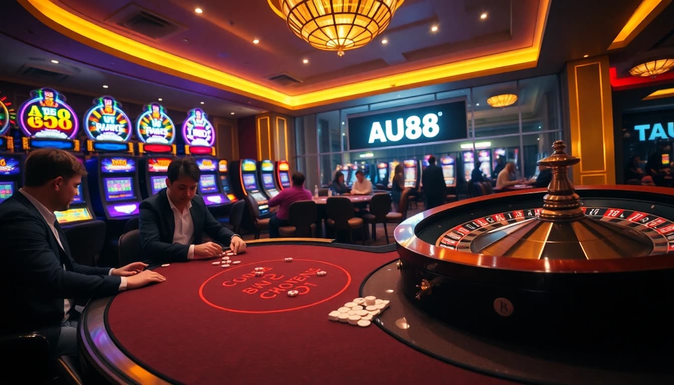 Players enjoying a thrilling game at AU88 casino with vibrant slot machines and roulette.