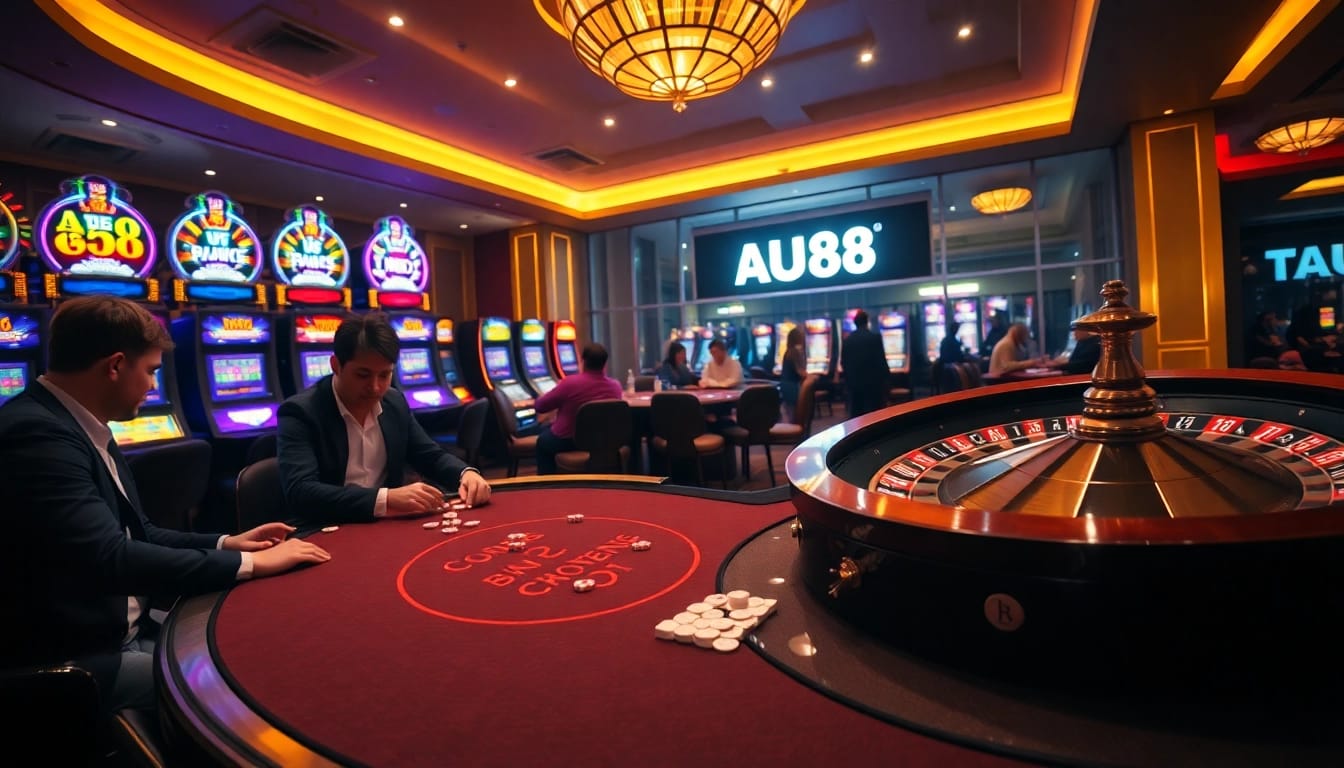 Players enjoying a thrilling game at AU88 casino with vibrant slot machines and roulette.