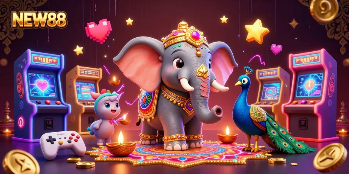Join NEW88 to win big with a vibrant 3D casino-themed illustration featuring traditional elements.