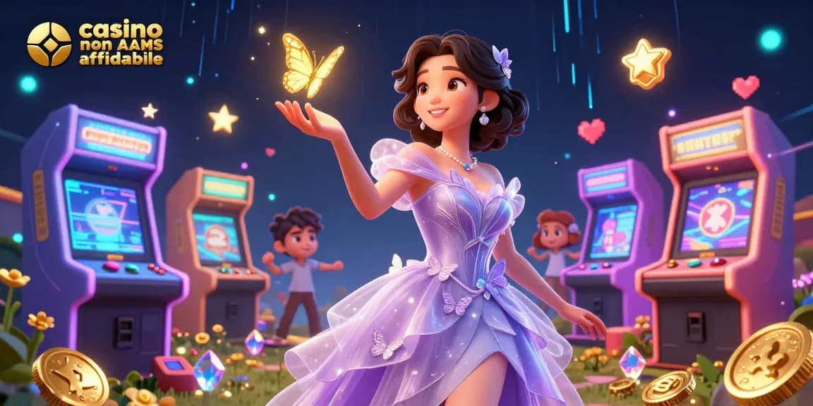 Una splendida donna asiatica circondata da macchine da gioco rappresenta casino non AAMS affidabile, simboleggiando eccitazione.