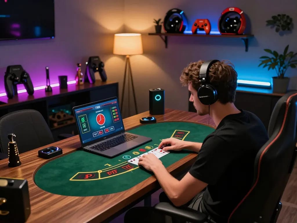 Fun88 player engaging in a live blackjack game on laptop, showcasing a dedicated online gaming setup.