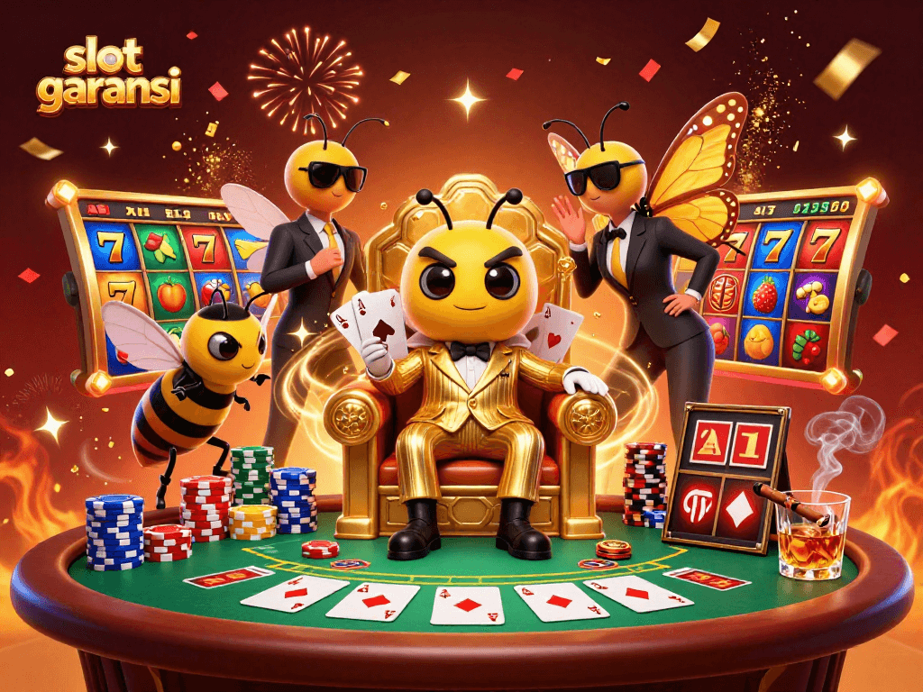 Spin the reels of slot garansi with a bumblebee mob boss in a vibrant casino scene.
