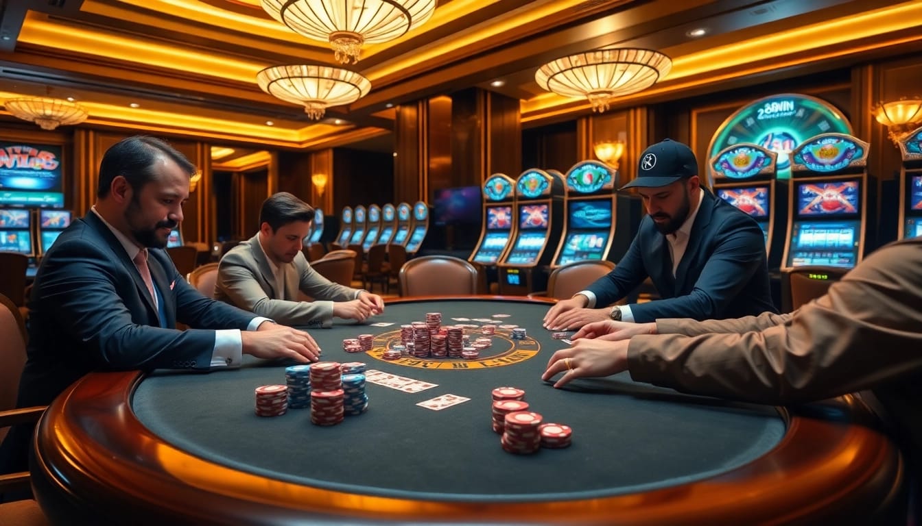 Engaged poker players at a luxurious casino table embodying the thrilling 68win gambling experience.