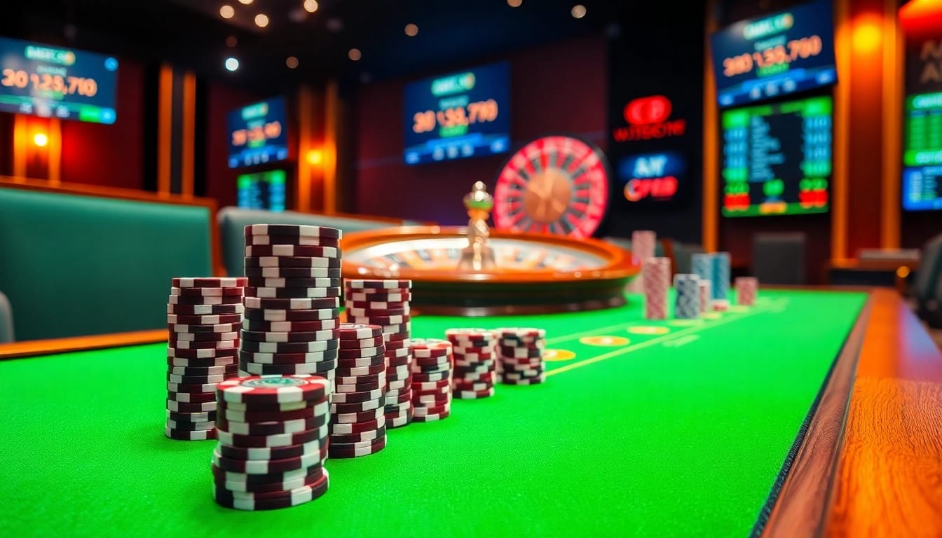 Exciting gambling action at https://xin88hv.site/, showcasing poker chips and roulette wheel in a luxury casino setting.