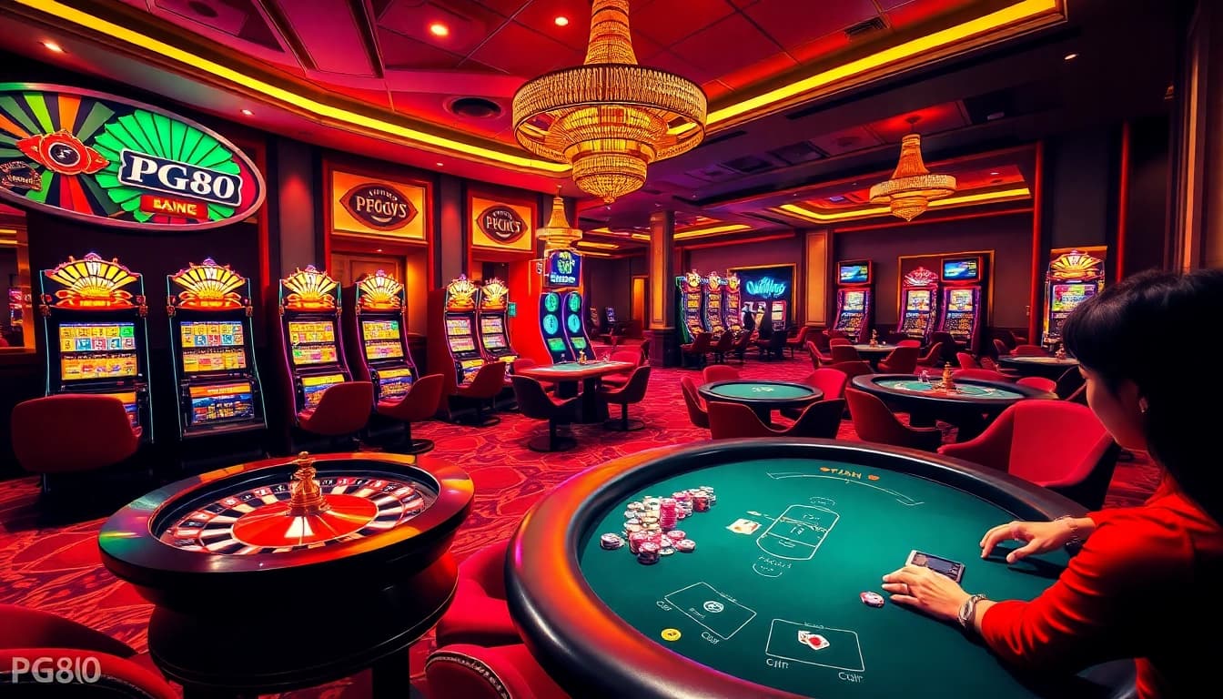 Experience the excitement of PG88 at a vibrant casino scene with roulette, poker, and jackpot slots.