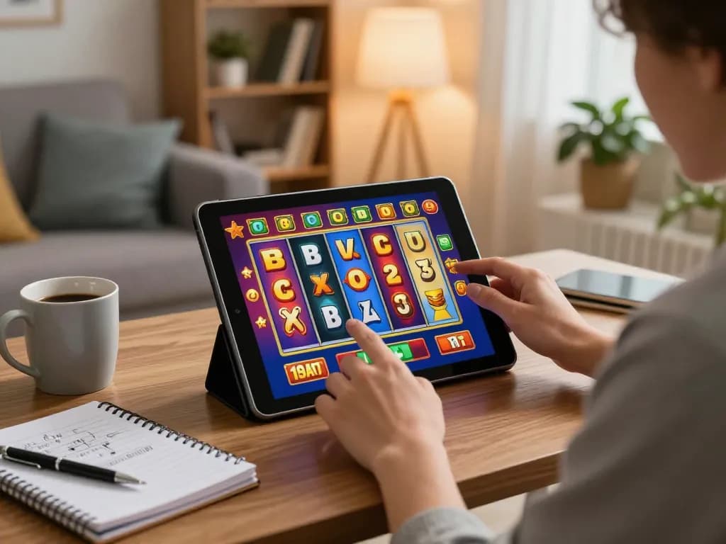 Engaging in non gamstop online slot gaming on a tablet in a cozy home atmosphere