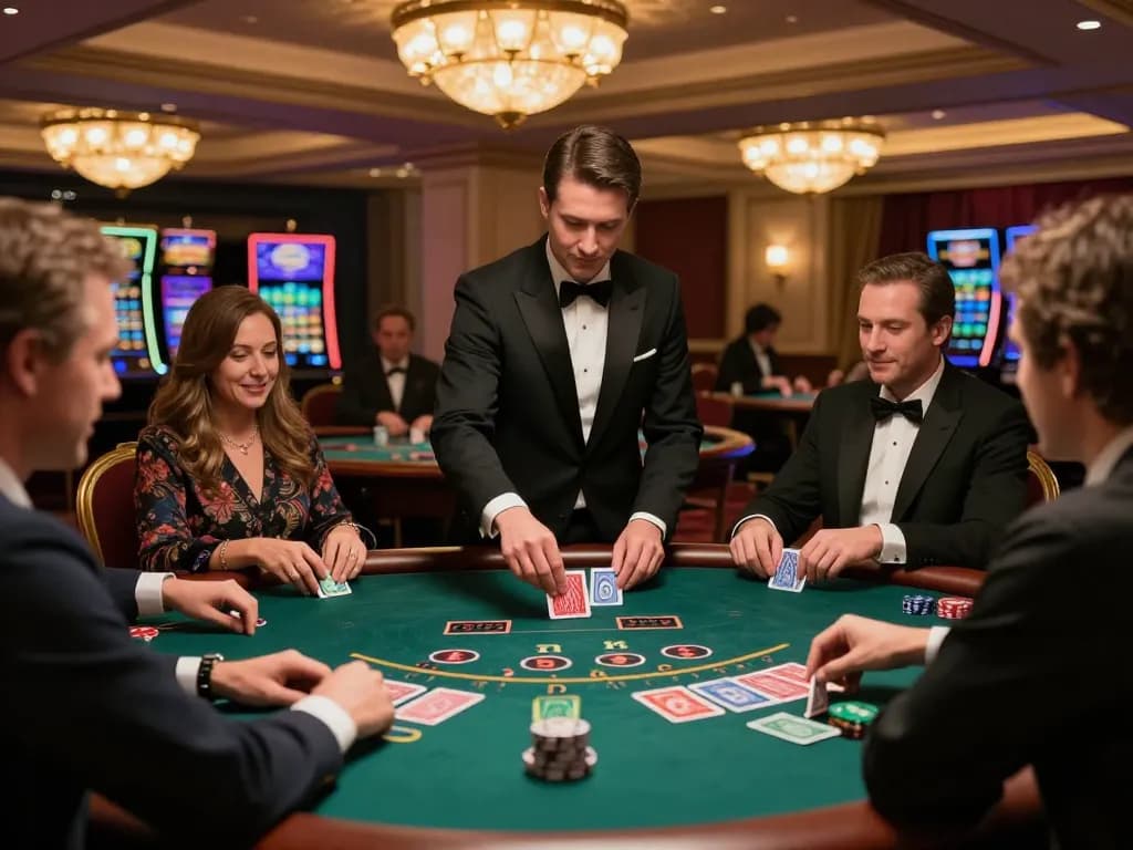 Players engaging in a high-stakes blackjack game at https://fc88bet.uk.com with a luxurious setting and warm ambiance.