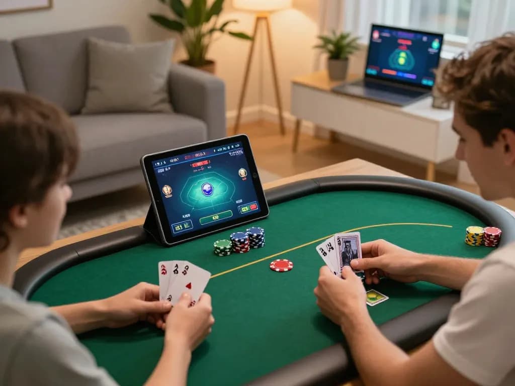 Luck8 online poker gameplay on tablet featuring player excitement and cozy living room ambiance.