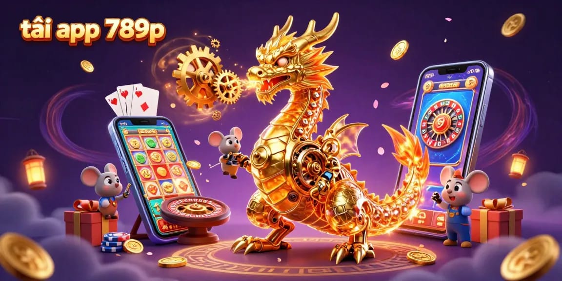 Play exciting games at tải app 789p, featuring colorful slot reels and a golden dragon.