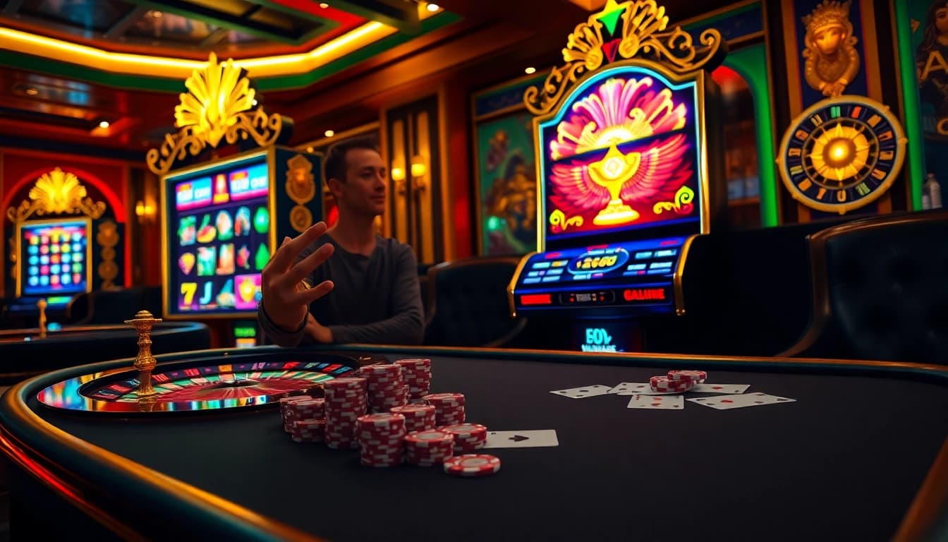 Engaging gamers at a luxurious Garuda slot machine in a vibrant casino atmosphere.