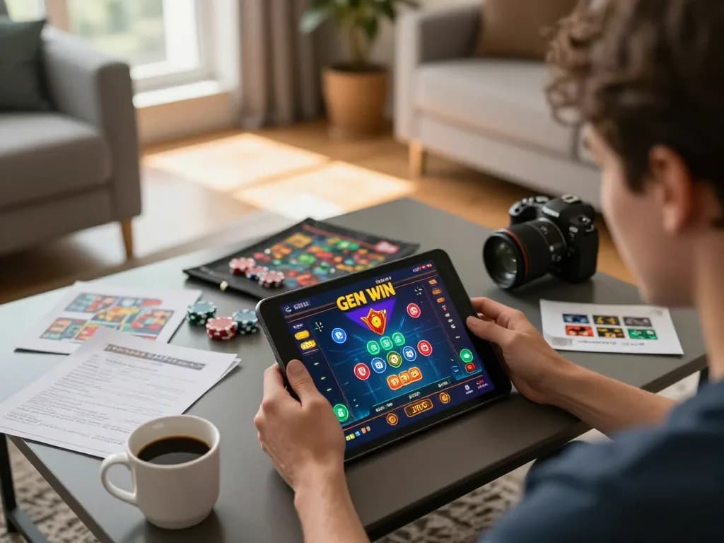 Engaging player enjoying GEM WIN games on a tablet in a cozy living room setting.