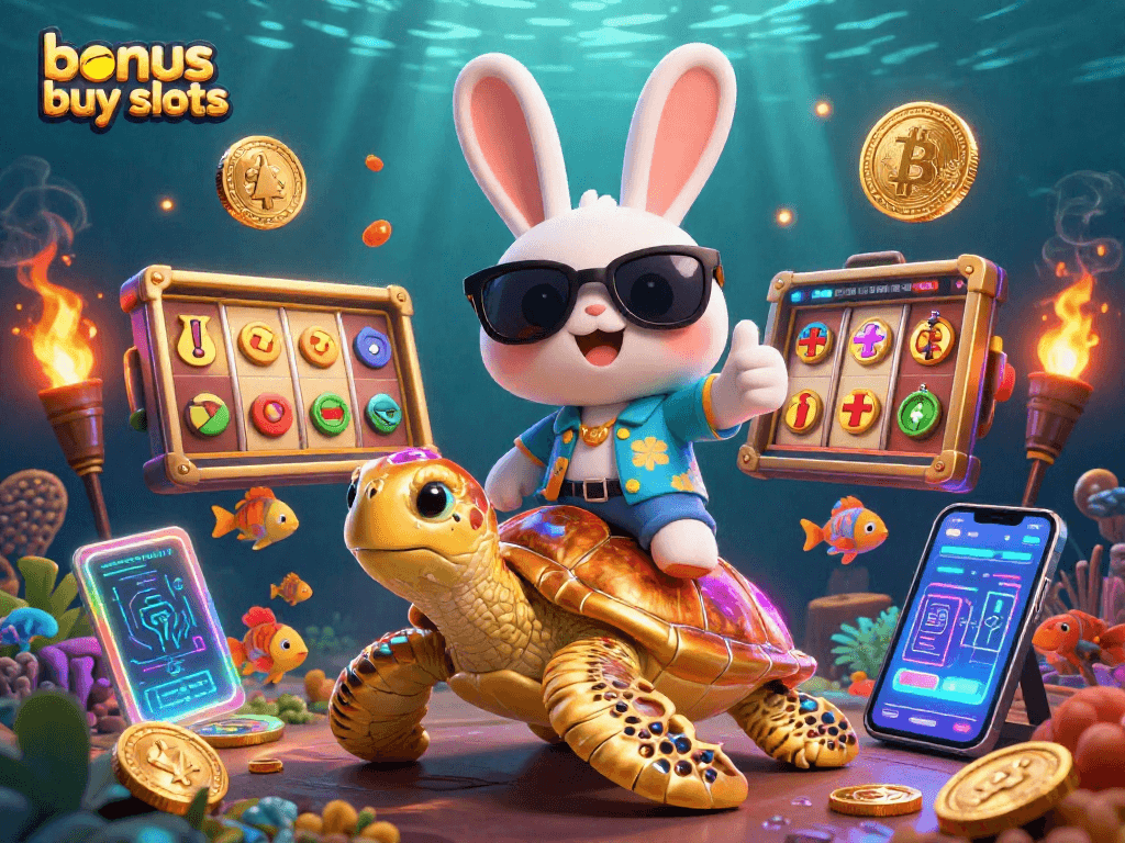 Engage with bonus buy slots featuring a lucky rabbit and golden turtle in a vibrant casino scene.