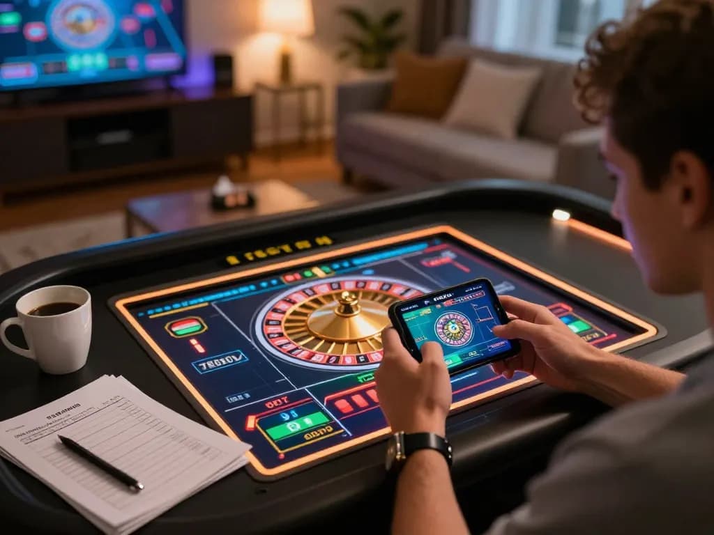 Engaged player using TG88 app for online casino gaming with colorful roulette displayed on smartphone