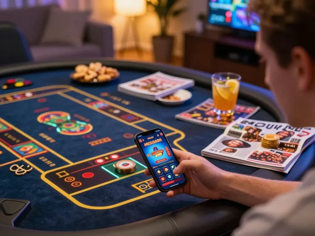 Engaging gameplay on MEGA888 mobile app with player strategizing in a cozy home setting
