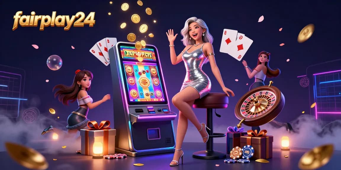 Engage with fairplay24's exciting slots scene featuring a joyful woman celebrating a jackpot amidst vibrant casino visuals.