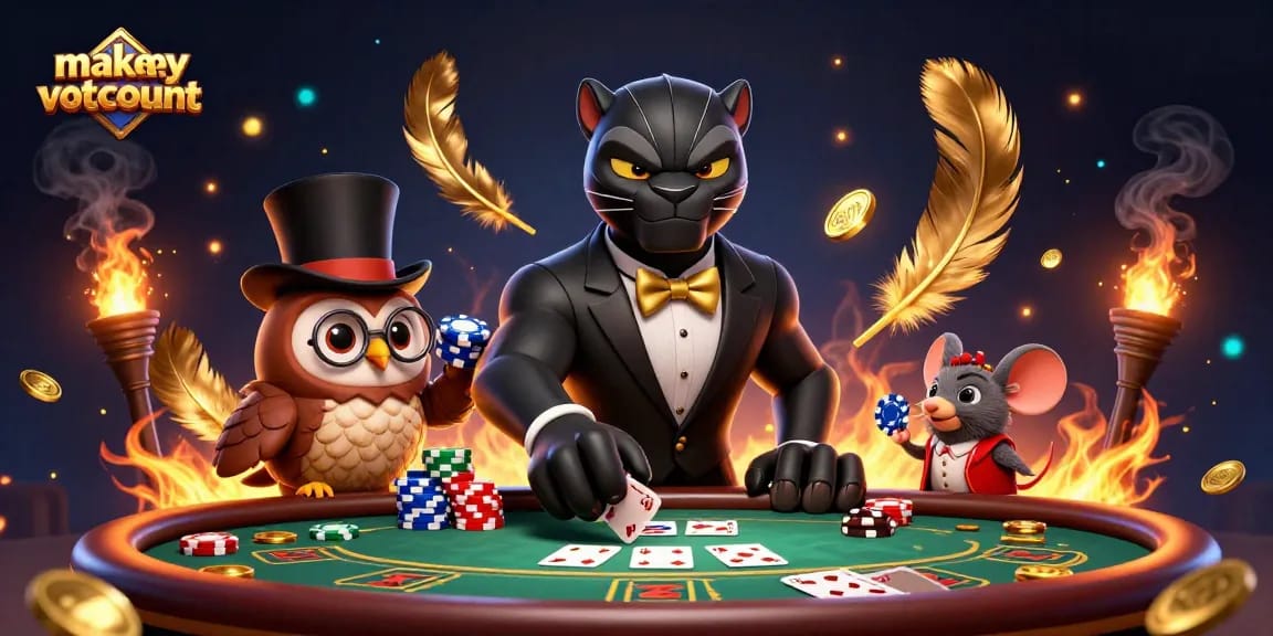 Experience makemyvotecount at a lively poker table with charming characters and betting tokens