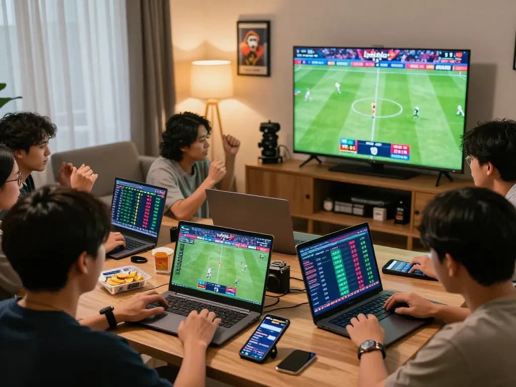 Participants engaged in Judi Bola betting, celebrating wins with live match displays in a modern home setup.