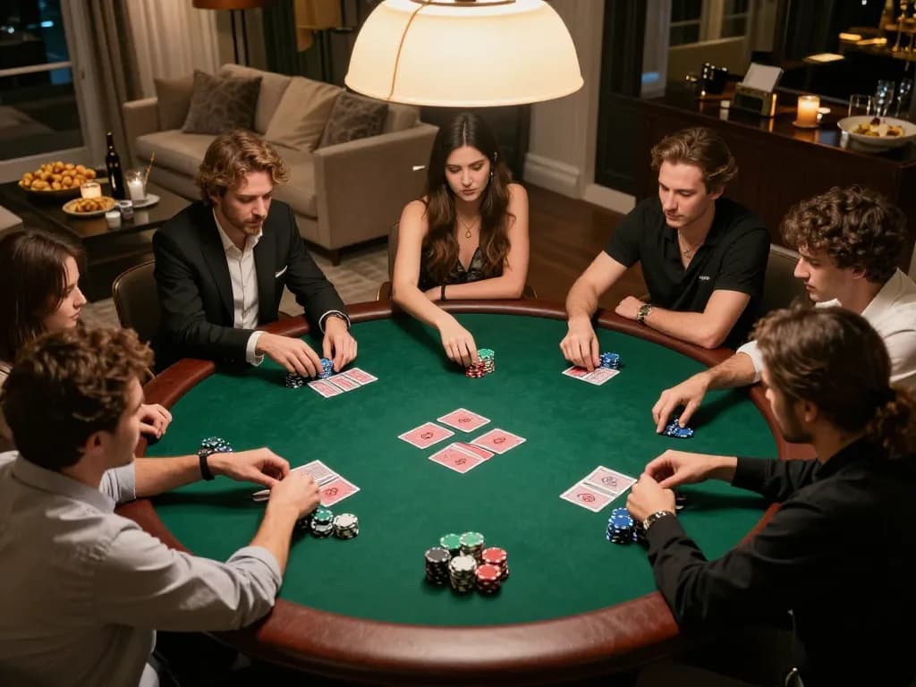 Ulat123 pemain kartu yang sedang merencanakan strategi selama permainan poker yang intens di rumah yang nyaman